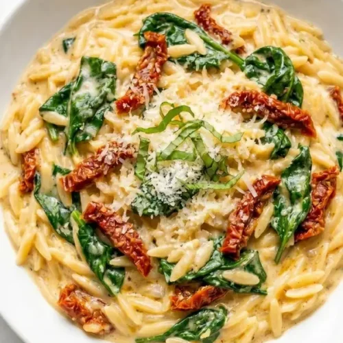 A wide, matte white ceramic pasta bowl heavily loaded with steaming hot creamy Tuscan orzo, highlighting the glossy parmesan cream sauce, violently red sun-dried tomatoes, and perfectly wilted bright green spinach.