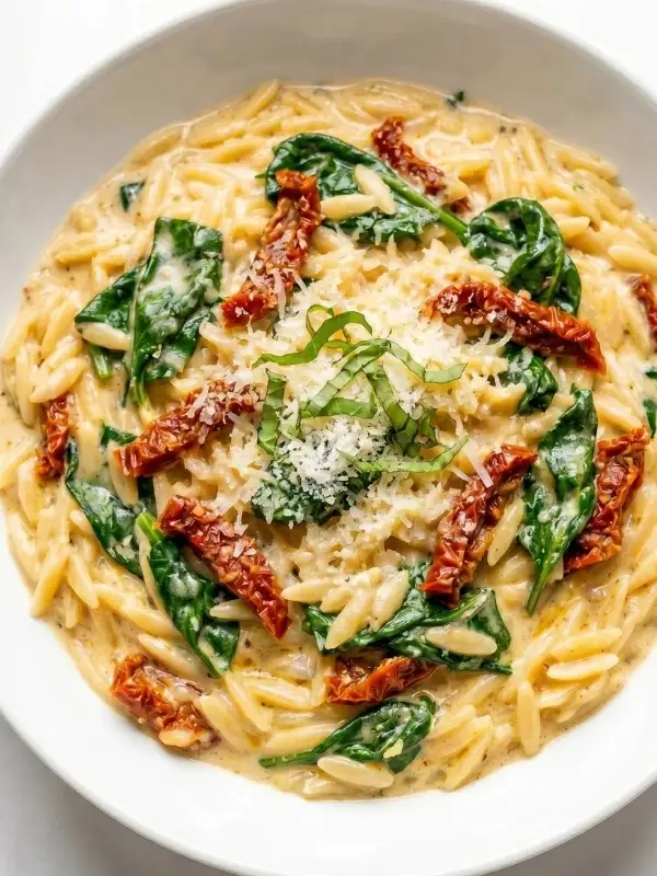 A wide, matte white ceramic pasta bowl heavily loaded with steaming hot creamy Tuscan orzo, highlighting the glossy parmesan cream sauce, violently red sun-dried tomatoes, and perfectly wilted bright green spinach.