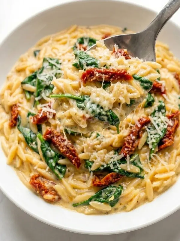 white ceramic pasta bowl heavily loaded with steaming hot creamy Tuscan orzo, highlighting the glossy parmesan cream sauce, violently red sun-dried tomatoes, and perfectly wilted bright green spinach.
