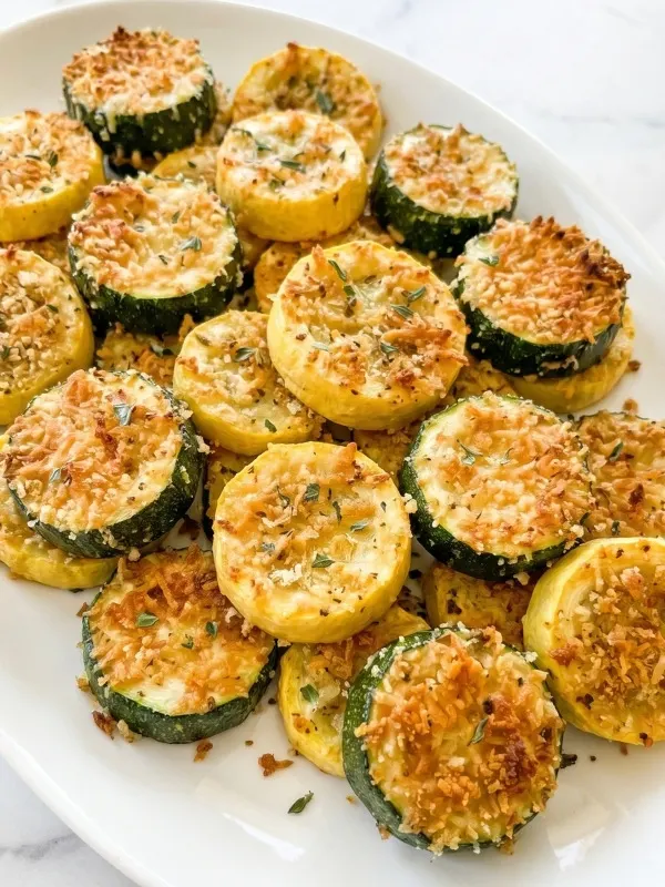 A wide, matte white serving platter heavily loaded with perfectly uniform, oven-roasted rounds of green zucchini and bright yellow squash, each thickly coated in a shattered, deeply golden-brown crust of toasted parmesan and panko breadcrumbs
