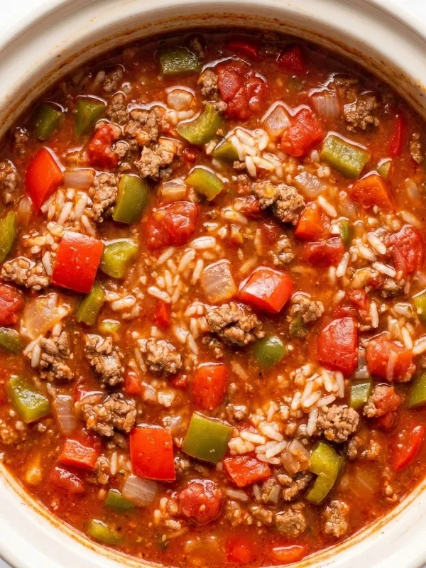 A massive ceramic slow cooker bowl completely filled with fiercely bubbling, wildly rich stuffed pepper soup heavily loaded with aggressively browned ground beef and vibrant chopped bell peppers in a deeply dark tomato broth