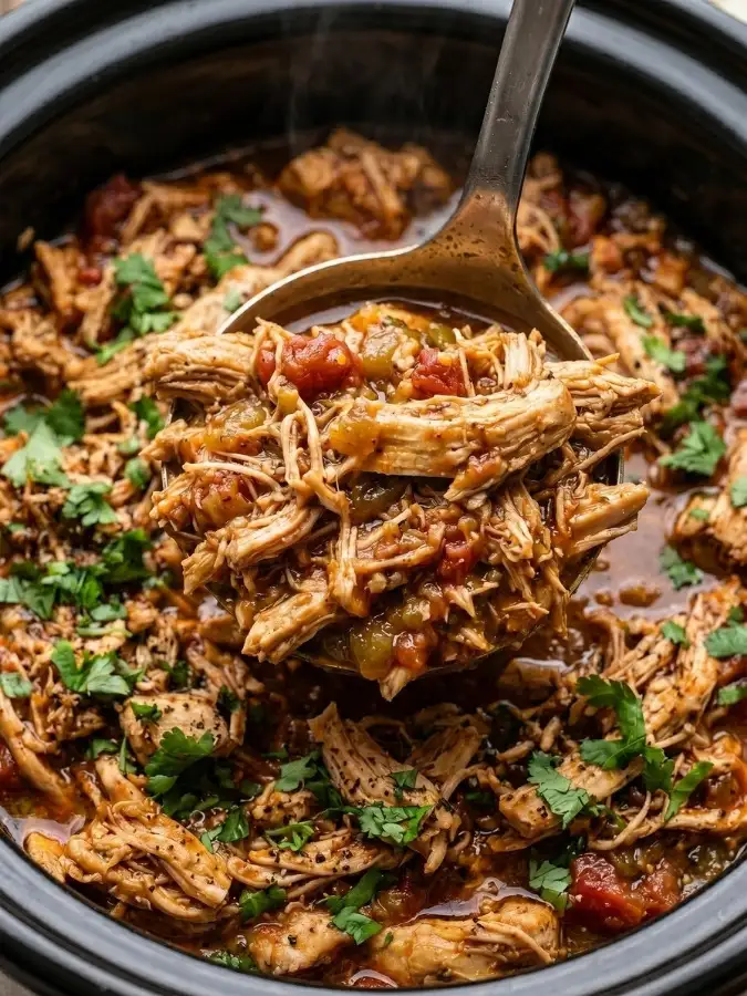 Slow cooker Mexican shredded chicken in a crockpot with salsa, fire roasted tomatoes and chipotle spices