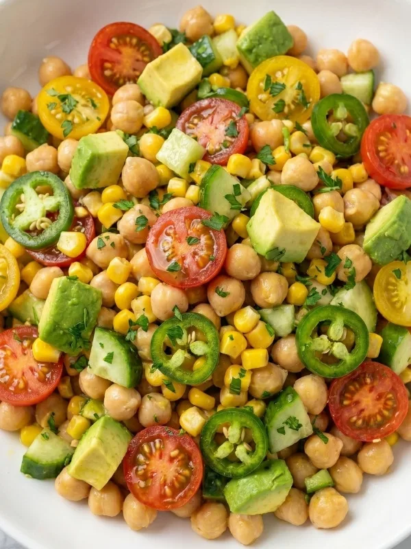 Easy chickpea salad with sweet corn, avocado, cherry tomatoes, cucumber, jalapeño and honey lemon vinaigrette in a large white bowl