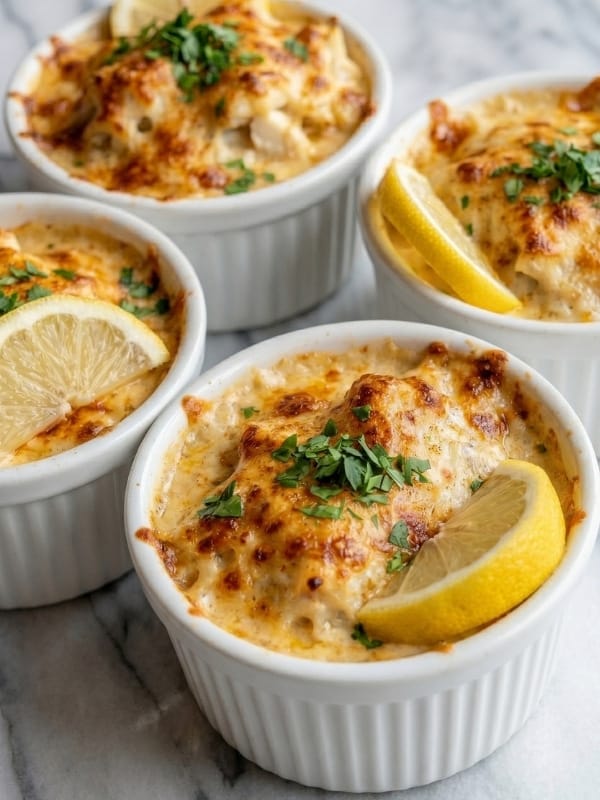 four 6-oz white ceramic ramekins completely filled with fiercely hot, wildly rich Crab Imperial, each aggressively topped with a wildly crunchy, dark golden-brown panko crust