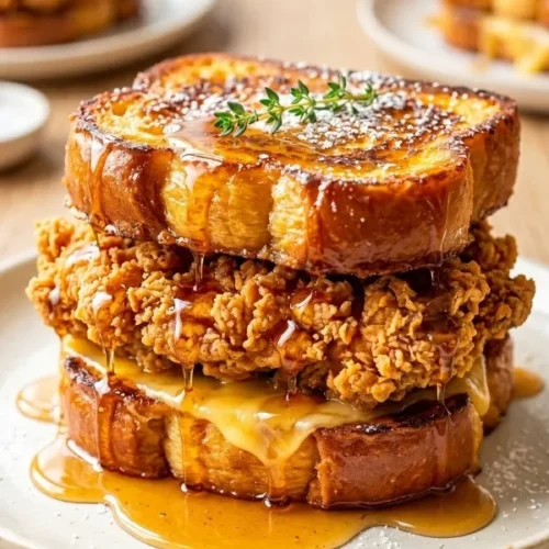 A wide, matte white ceramic plate featuring a massive, towering sandwich built with thick-cut caramelized brioche French toast and a whole, unsliced, violently crunchy fried chicken breast heavily drenched in amber maple syrup.