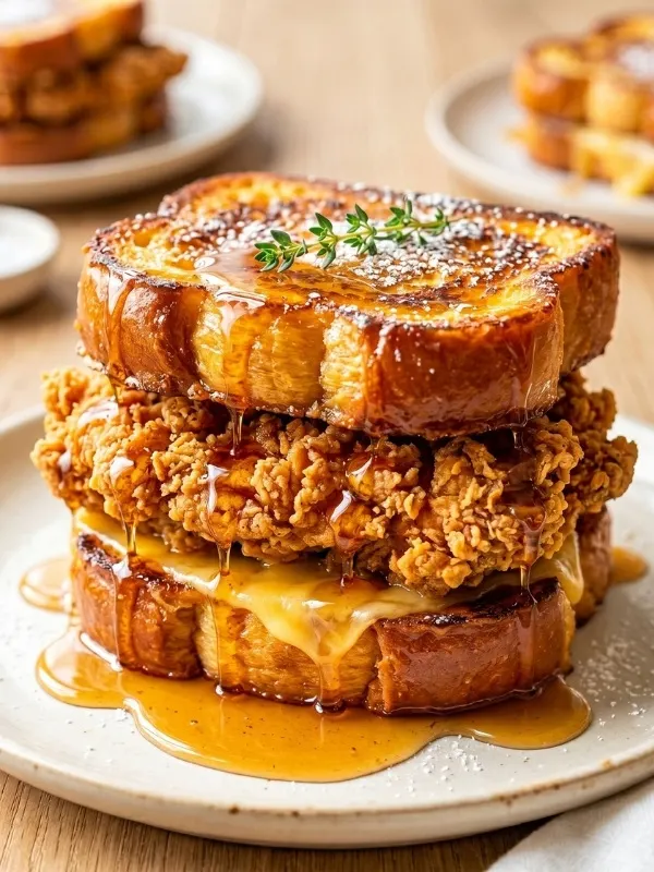 A wide, matte white ceramic plate featuring a massive, towering sandwich built with thick-cut caramelized brioche French toast and a whole, unsliced, violently crunchy fried chicken breast heavily drenched in amber maple syrup.