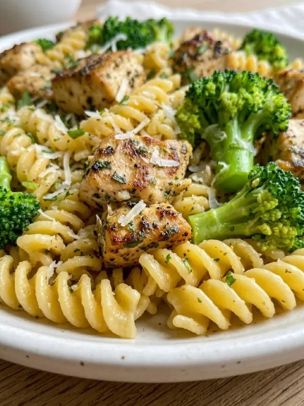 A close-up view of a warm serving plate filled with hot garlic chicken and broccoli rotini, showing the finely grated parmesan cheese beautifully melting right into the deep ridges of the glossy pasta.