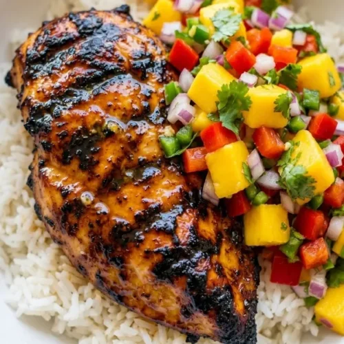 A wide, matte white ceramic bowl featuring a massive piece of aggressively charred chicken coated in a glossy honey-lime glaze, resting on fluffy Jasmine rice and heavily topped with an icy cold, brightly colored mango and red pepper salsa.