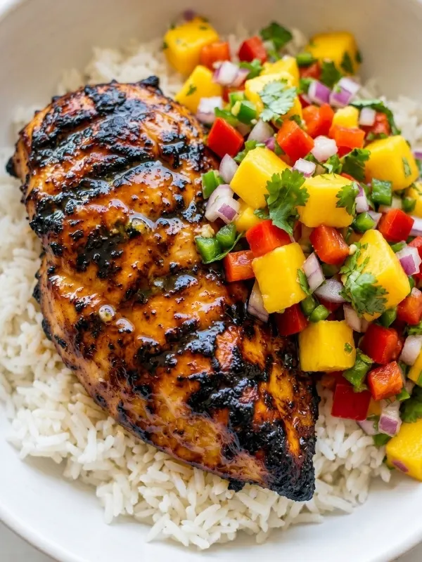 A wide, matte white ceramic bowl featuring a massive piece of aggressively charred chicken coated in a glossy honey-lime glaze, resting on fluffy Jasmine rice and heavily topped with an icy cold, brightly colored mango and red pepper salsa.