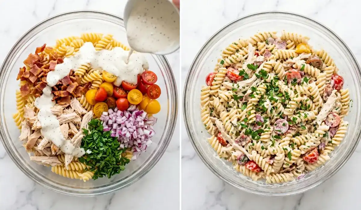Chicken bacon ranch pasta salad before and after mixing in a clear glass bowl with rotini pasta crispy bacon cherry tomatoes red onion and creamy ranch dressing