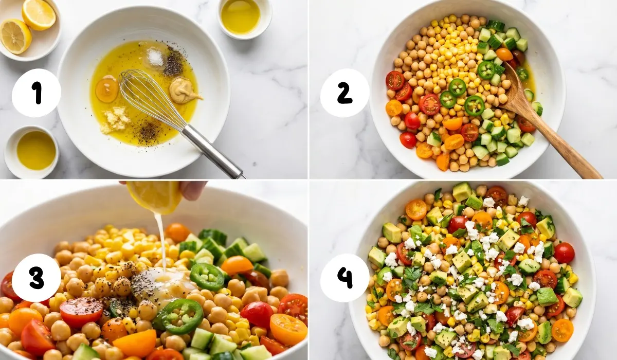 4-step collage showing honey lemon vinaigrette being whisked, chickpeas and vegetables tossed, seasoning adjusted, and a finished chickpea salad with sweet corn, avocado, cucumber, cherry tomatoes, and fresh herbs. Select 70 more words to run Humanizer.