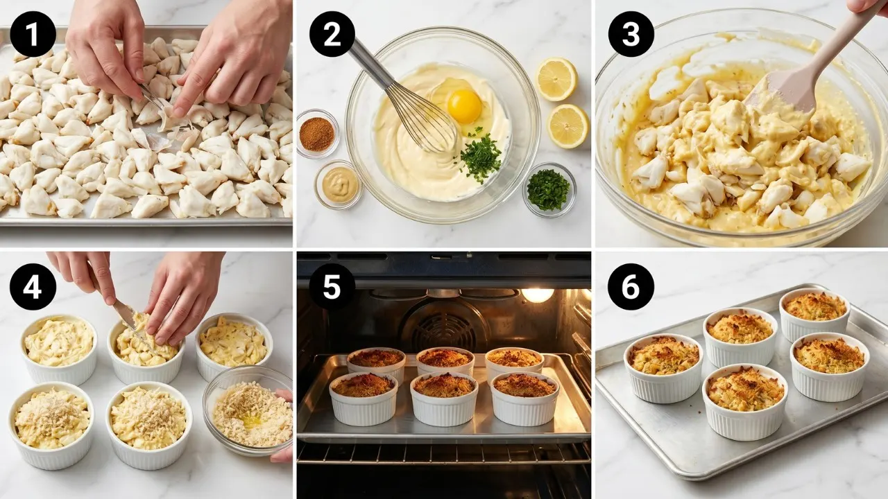 6-panel photo collage aggressively detailing the step-by-step process of making fiercely rich Crab Imperial, from violently whisking the heavy mayonnaise binder and gently folding the pristine jumbo lump crab, to filling the 6-oz white ceramic ramekins and fiercely baking the buttered panko crust.