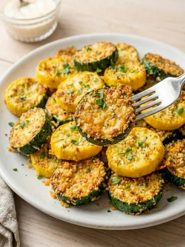 close-up view of a silver dinner fork piercing a tender, steaming round of roasted zucchini, highly detailing the violently crunchy, aggressively toasted parmesan cheese and garlic panko crust clinging to the top.