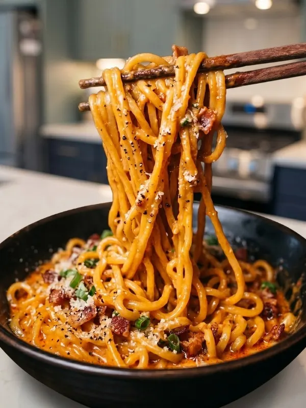 A stunning close-up of wooden chopsticks lifting a thick tangle of creamy, spicy carbonara buldak ramen noodles, with the glossy egg yolk and parmesan sauce visibly clinging to every strand.