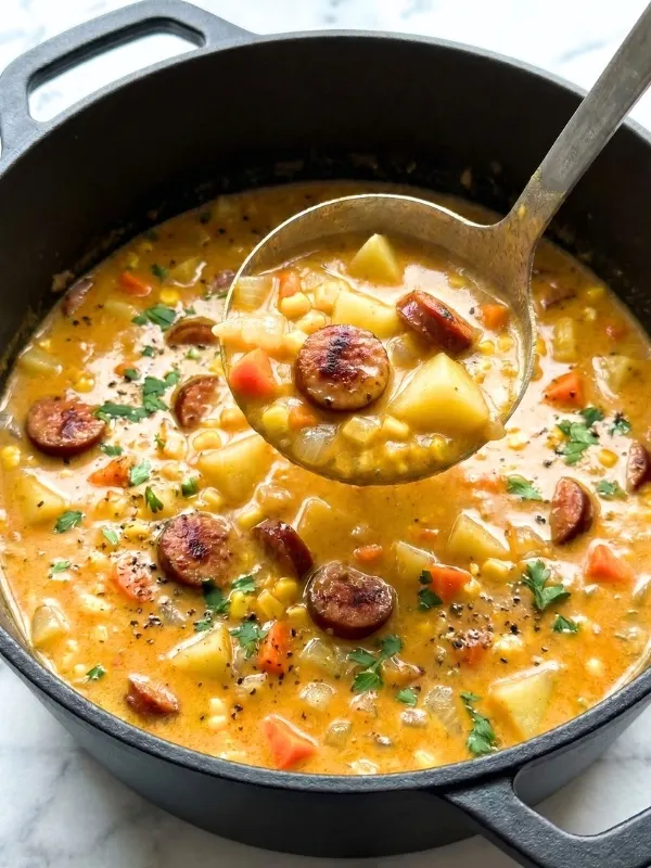 A stunning close-up view looking directly into a massive cast-iron Dutch oven, highly detailing a heavy silver ladle aggressively scooping up violently thick, creamy potato soup completely packed with crispy smoked kielbasa and soft carrots.