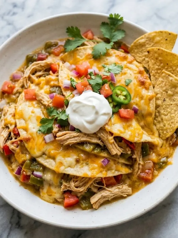 A wide, matte white ceramic dinner plate heavily loaded with steaming slow cooker King Ranch chicken, showing thick layers of soft corn tortillas, violently tender shredded chicken, and melted cheddar cheese.