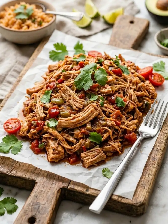 Slow Cooker Shredded Mexican Chicken piled on a rustic wooden board with fresh cilantro and tomatoes.