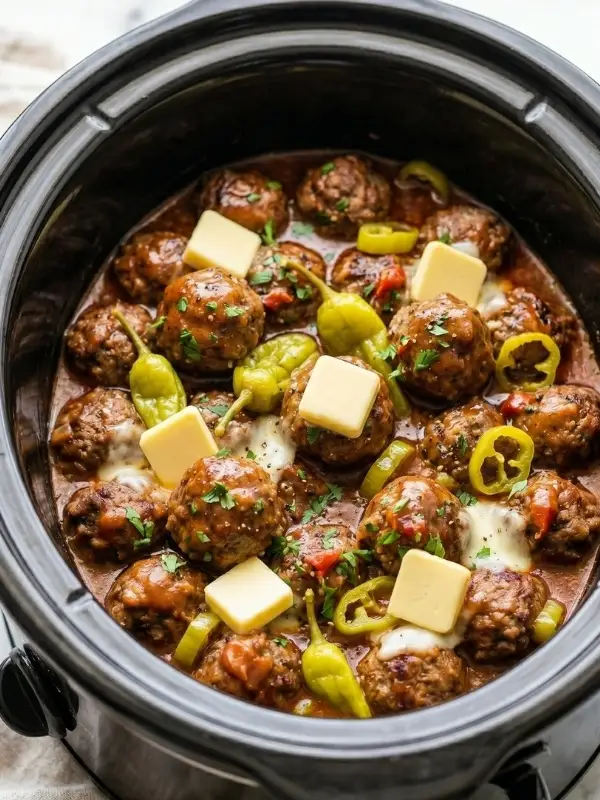 A massive ceramic slow cooker completely filled with fiercely hot, wildly heavy Mississippi meatballs aggressively covered in a deeply dark, bubbling au jus butter gravy and violently bright pepperoncini peppers