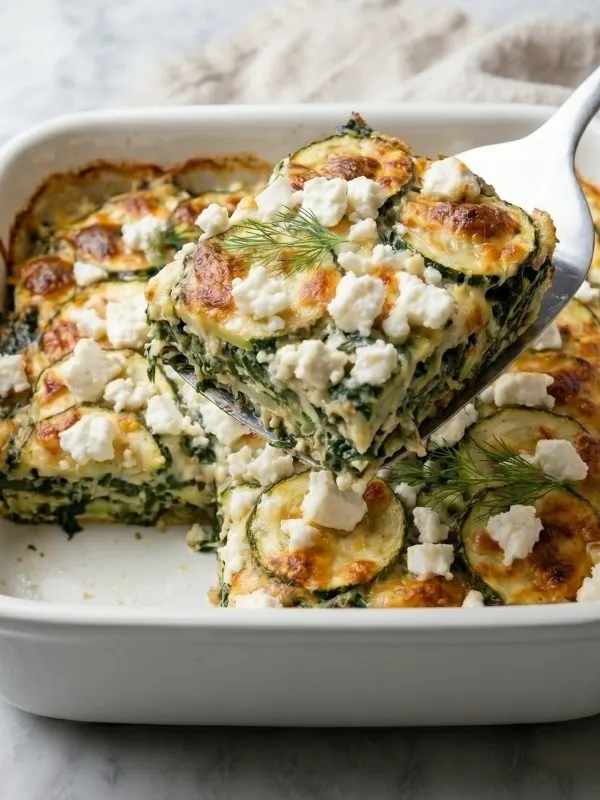A ceramic baking dish completely filled with fiercely baked, wildly heavy zucchini spinach feta casserole featuring a deeply browned cheese crust, with one thick square aggressively lifted out on a spatula.