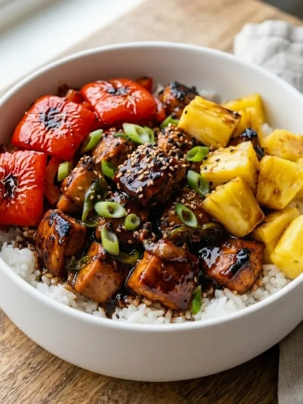 white ceramic bowl completely filled with fiercely steaming jasmine rice, aggressively topped with heavily charred chicken chunks, vibrant red bell peppers, and fresh pineapple all violently coated in a ridiculously sticky, dark brown sugar soy glaze.