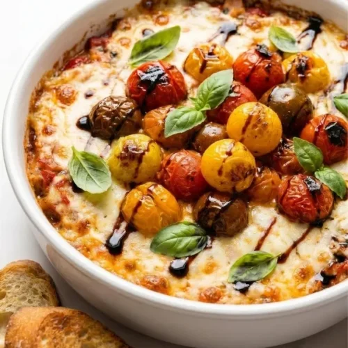 A white bowl completely filled with fiercely bubbling, wildly hot baked cream cheese aggressively topped with freezing cold fresh tomato bruschetta and dark balsamic glaze.