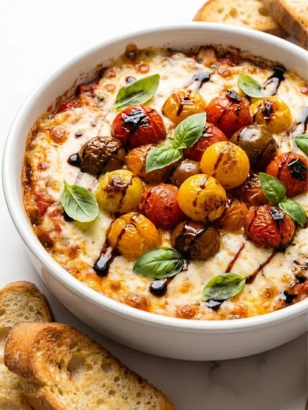 A white bowl completely filled with fiercely bubbling, wildly hot baked cream cheese aggressively topped with freezing cold fresh tomato bruschetta and dark balsamic glaze.