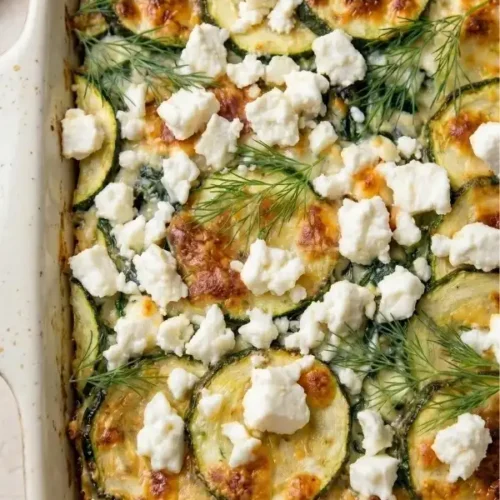 A massive ceramic baking dish completely filled with fiercely baked, wildly heavy zucchini spinach feta casserole featuring a deeply browned cheese crust, With a feta cheese topping