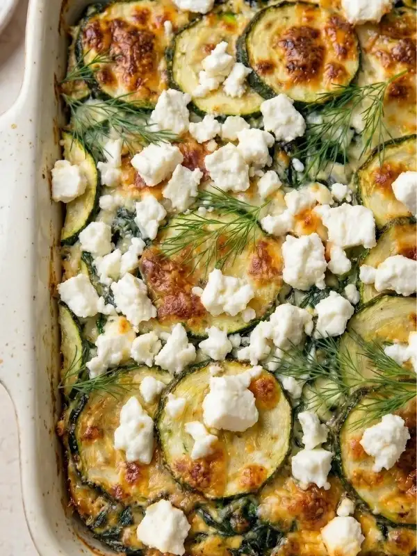 A massive ceramic baking dish completely filled with fiercely baked, wildly heavy zucchini spinach feta casserole featuring a deeply browned cheese crust, With a feta cheese topping