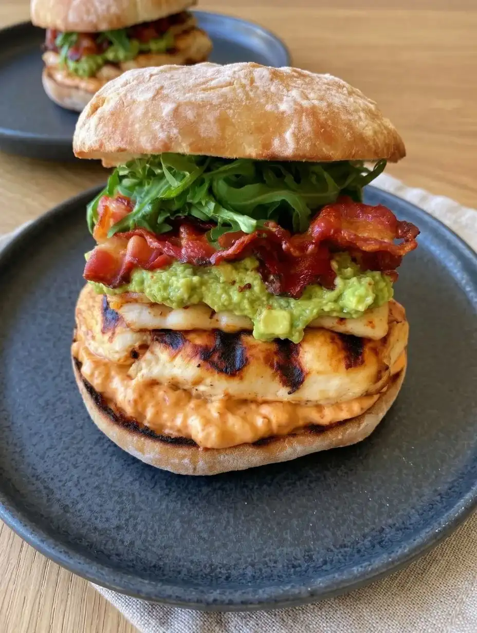Side angle view of spicy grilled chicken ciabatta sandwich on plate with rustic bread crust