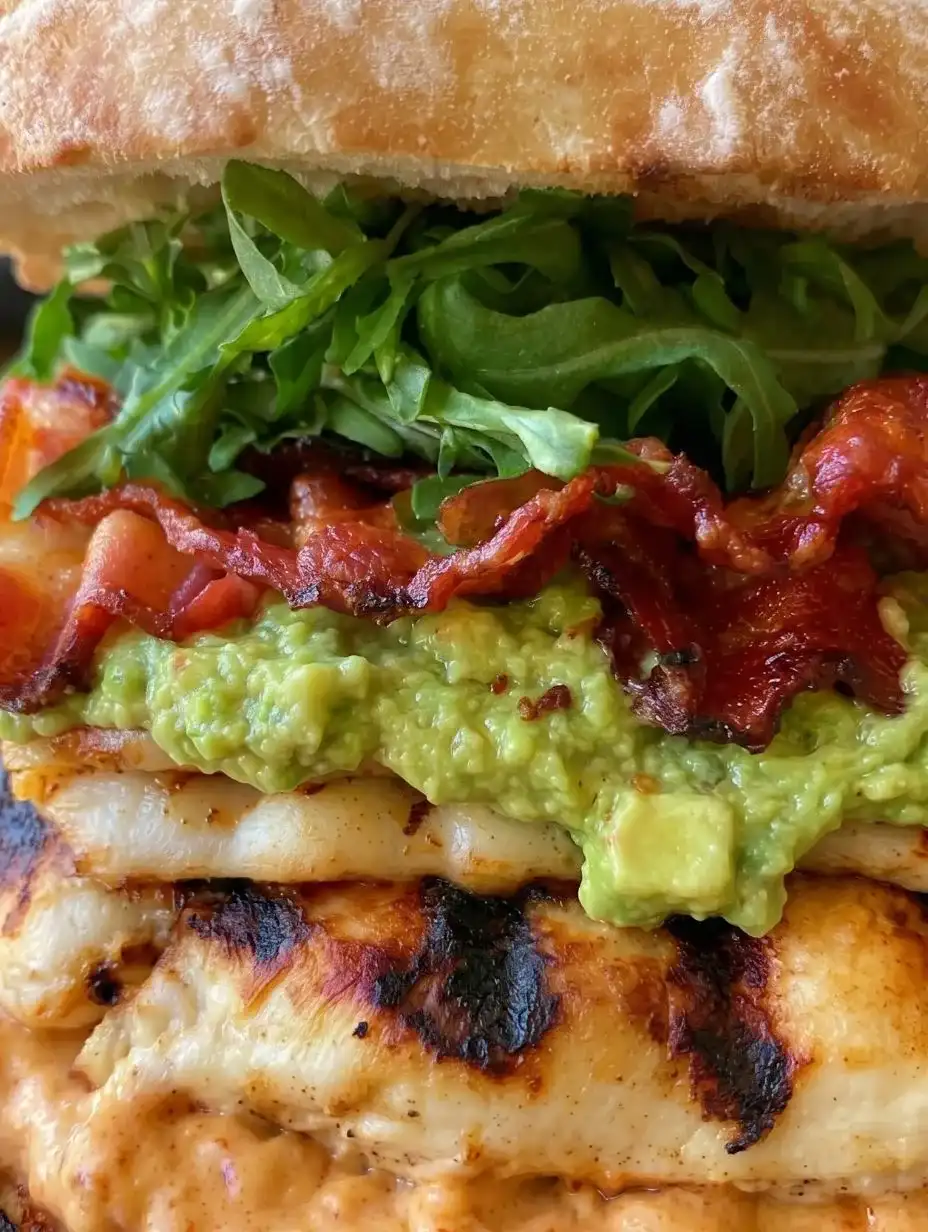Close-up of spicy grilled chicken ciabatta showing crispy bacon and melted pepper jack cheese