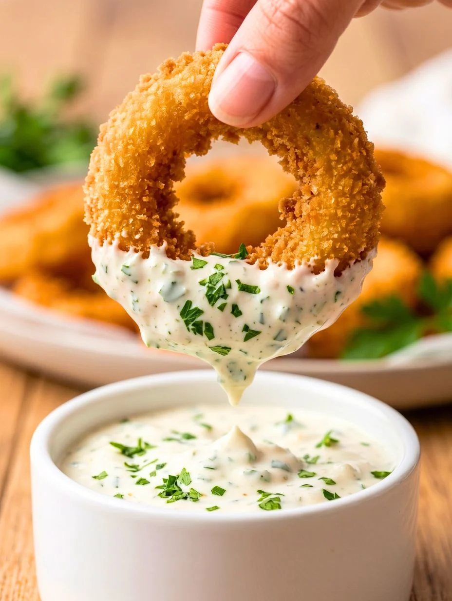 Close-up side angle of a crispy homemade onion ring held between fingers showing craggy golden-brown batter and tender white onion layers with visible sea salt crystals