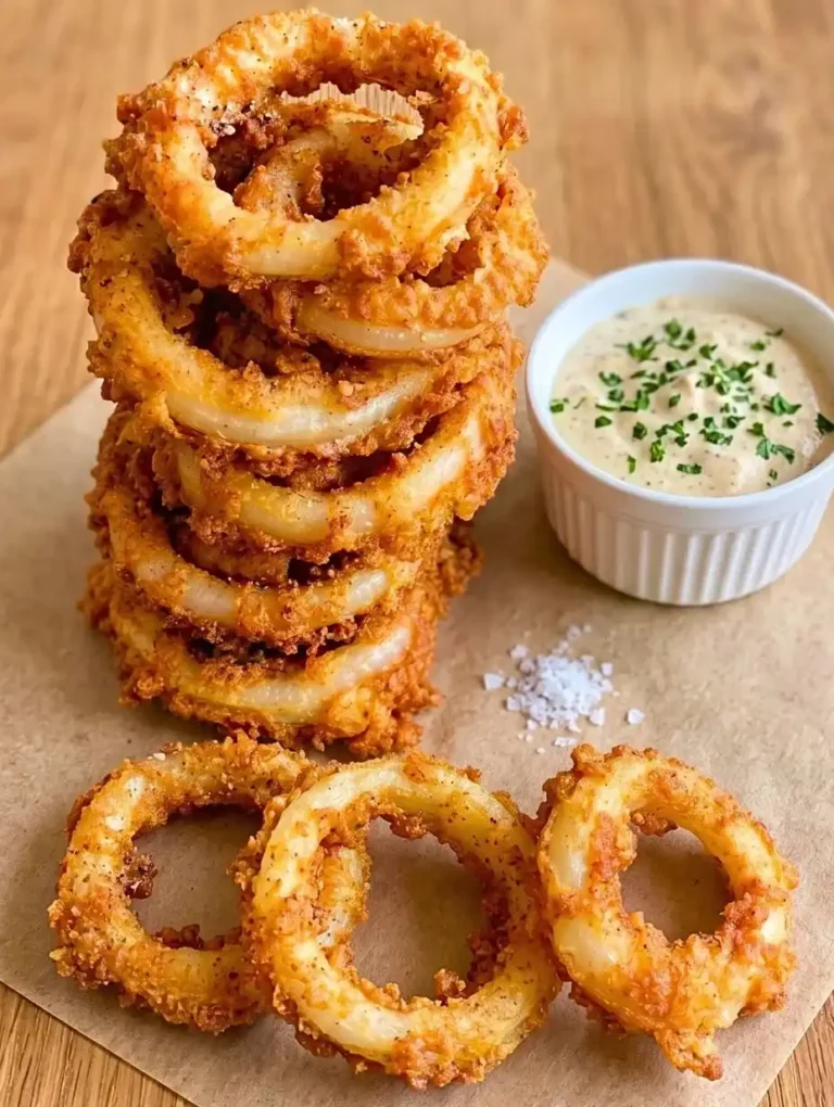 Pile of golden-brown homemade onion rings with craggy shattered batter on dark ceramic plate, seasoned with flaky sea salt and cracked black pepper, served with creamy dipping sauce on rustic parchment paper