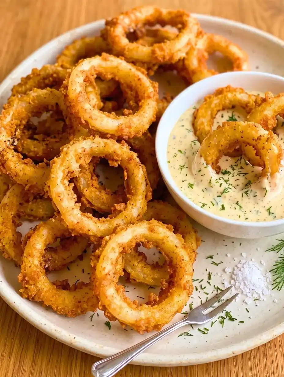 Action shot of a crispy golden onion ring being dipped into creamy white sauce in a ceramic ramekin, showing craggy batter texture and salt crystals
