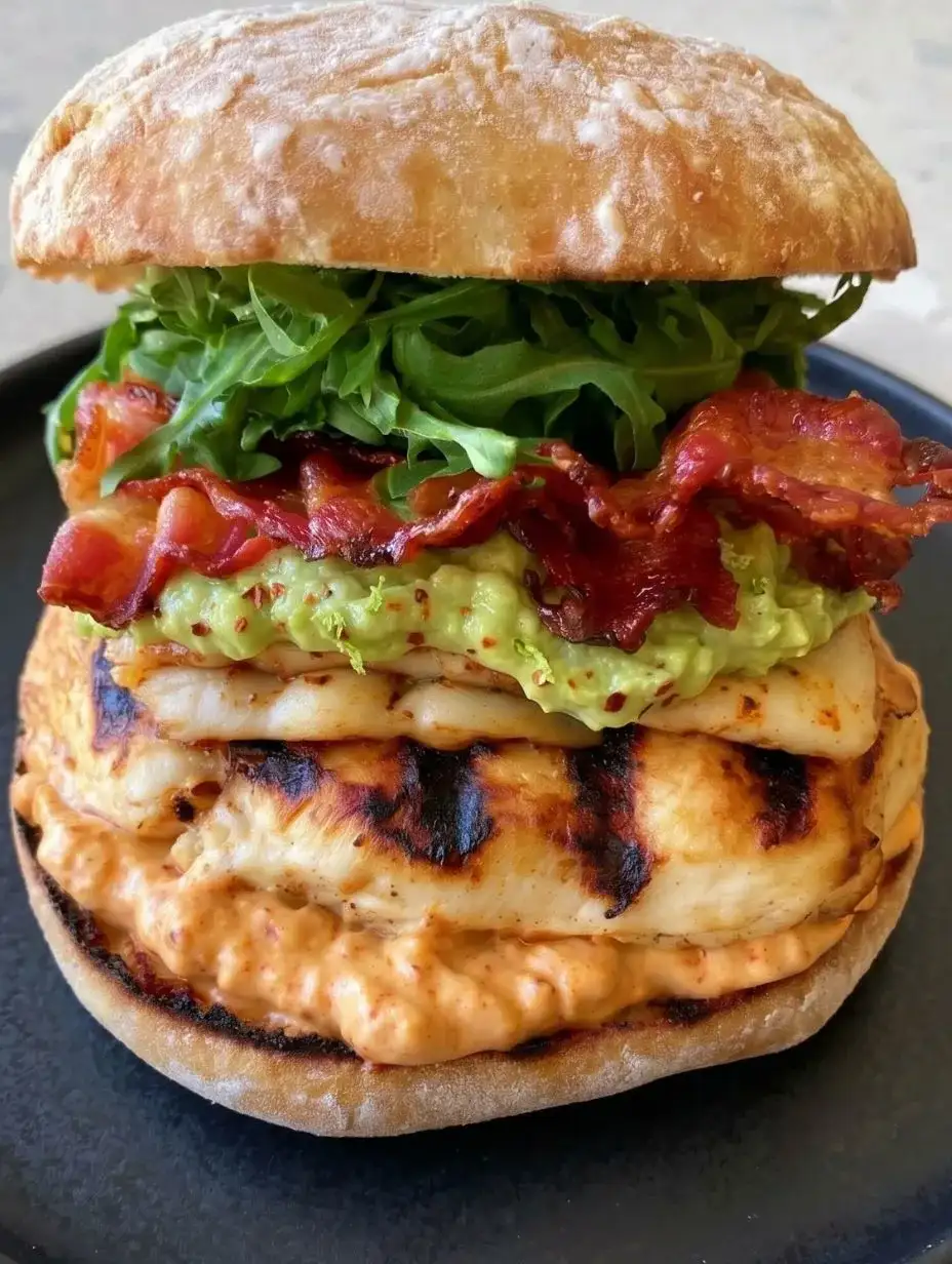 Spicy grilled chicken ciabatta sandwich with crispy bacon and melted pepper jack cheese on rustic bread