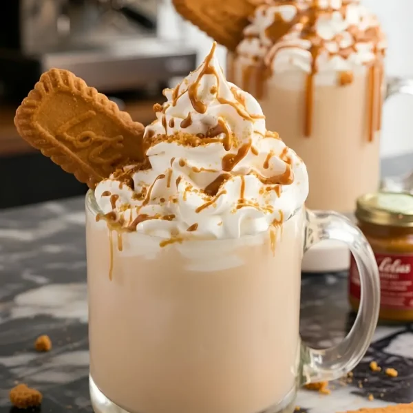 A glass mug filled with a hot, creamy Biscoff Cookie Butter Latte, beautifully topped with fluffy whipped cream, melted speculoos cookie butter drizzle, and crushed Lotus biscuits.