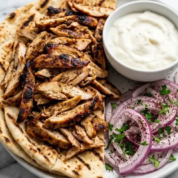 A massive platter of thinly sliced, deeply charred oven baked chicken shawarma served alongside onions wedges and warm pita bread.