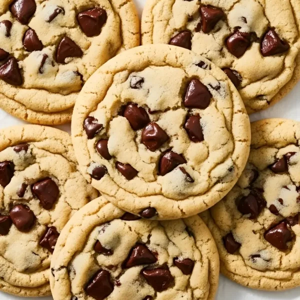 Bakery style chocolate chip cookies stacked on a wooden surface, featuring thick chewy centers, molten chocolate pools, and golden crinkly edges.