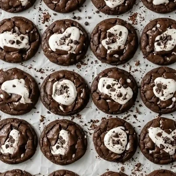 homemade Chocolate Marshmallow Swirl Cookies stacked high, showing off the dark cocoa base heavily marbled with gooey white marshmallow fluff.