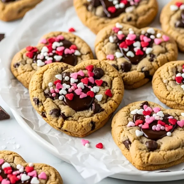 Homemade bakery-style heart-shaped chocolate chip cookies with gooey chocolate, heart sprinkles, and a soft chewy texture.