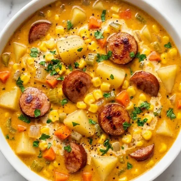 A wide, stunning view of a massive, deep ceramic bowl heavily loaded with steaming creamy kielbasa potato soup, clearly showing thick chunks of potato, bright yellow sweet corn, and perfectly browned sausage rounds in a rich, orange paprika broth.