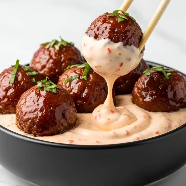 Close-up of sticky Korean BBQ meatballs drizzled with creamy spicy mayo
