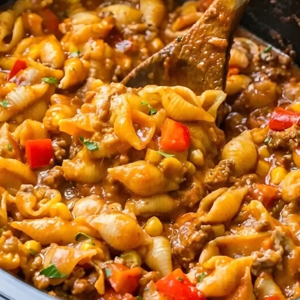 A black slow cooker filled to the brim with bubbling, cheesy Slow Cooker Taco Pasta with Ground Beef, being stirred with a wooden spoon to show the melted cheddar cheese and tender pasta shells.
