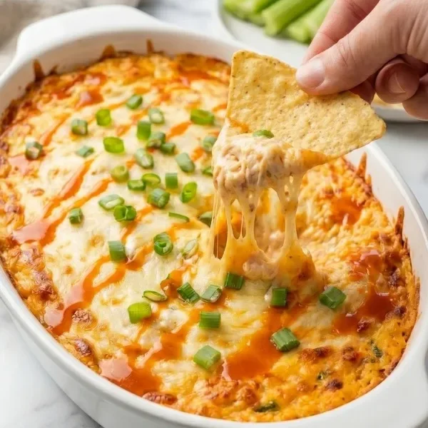 A massive scoop of fiercely bubbling, violently cheesy baked buffalo chicken dip heavily dripping off a thick, tortilla chip.