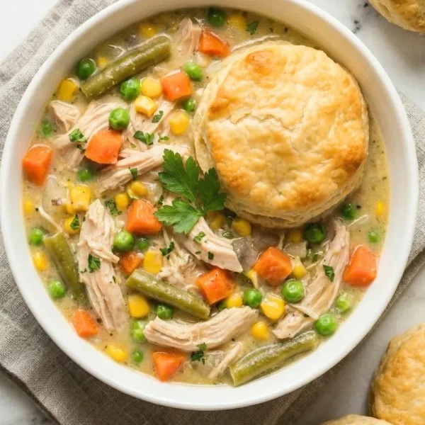 A close-up overhead view of creamy chicken pot pie crock pot stew loaded with shredded chicken, carrots, peas, and green beans, served in a white bowl and topped with a golden, flaky buttermilk biscuit.