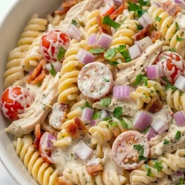 Creamy chicken bacon ranch pasta salad with rotini pasta, crispy bacon, cherry tomatoes, shredded rotisserie chicken and homemade ranch dressing in a white serving bowl