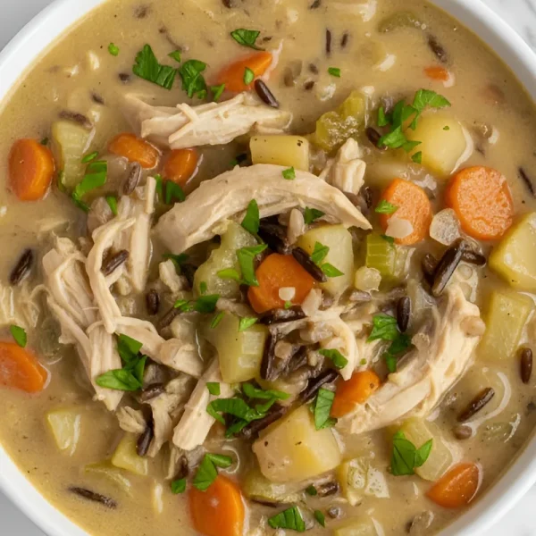 A comforting bowl of healthy chicken wild rice soup, creamy and rich, featuring tender chicken, nutty wild rice, and chopped vegetables, garnished with fresh parsley.