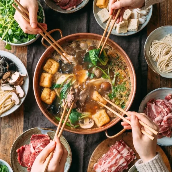A bubbling split pot of Chinese hot pot at home, surrounded by plates of thinly sliced beef, fresh vegetables, and dipping sauces.
