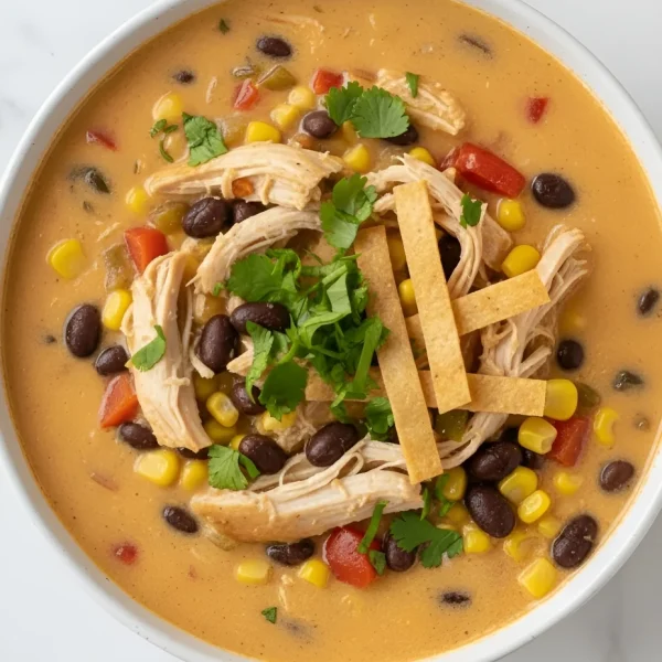 A bowl of creamy chicken taco soup with shredded chicken, black beans, and corn, topped with sour cream, cilantro, and tortilla strips.