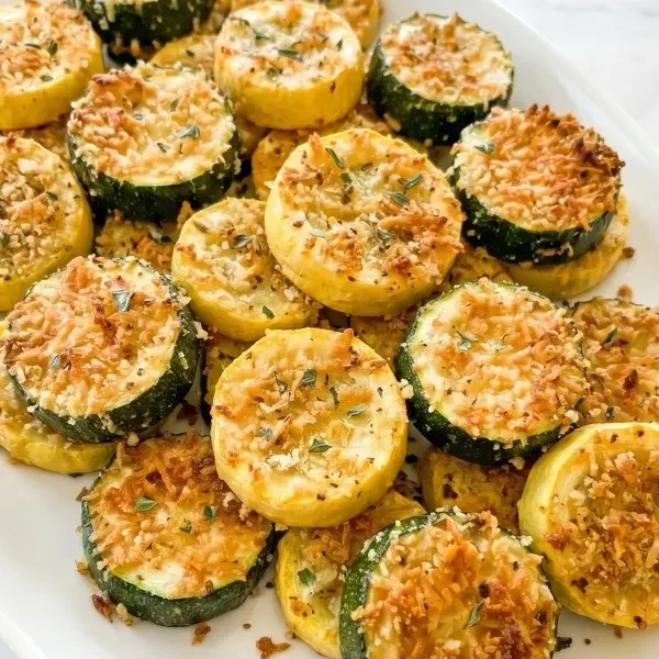 A wide, matte white serving platter heavily loaded with perfectly uniform, oven-roasted rounds of green zucchini and bright yellow squash, each thickly coated in a shattered, deeply golden-brown crust of toasted parmesan and panko breadcrumbs