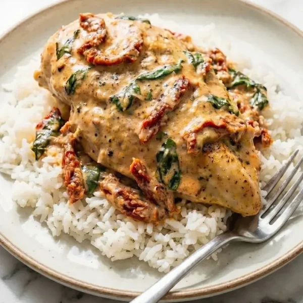 A white plate filled with fluffy rice, generously topped with creamy Crock Pot Marry Me Chicken, sun-dried tomatoes, and a rich garlic sauce.